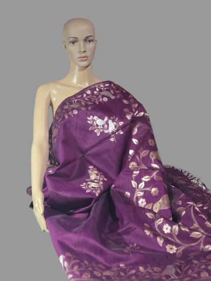 Handloom Khadi Cotton Silk Jamdani Saree – Lightweight & Elegant Traditional Weave Embroidery-wine