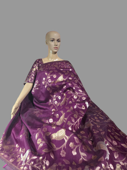 Handloom Khadi Cotton Silk Jamdani Saree – Lightweight & Elegant Traditional Weave Embroidery-wine