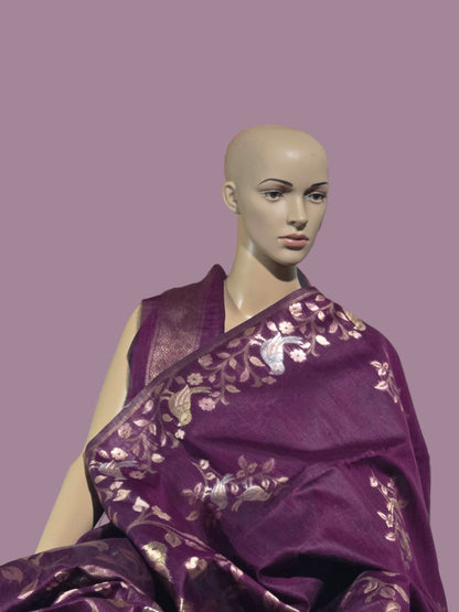 Handloom Khadi Cotton Silk Jamdani Saree – Lightweight & Elegant Traditional Weave Embroidery-wine