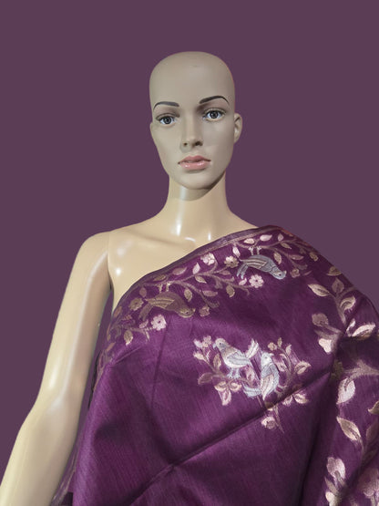 Handloom Khadi Cotton Silk Jamdani Saree – Lightweight & Elegant Traditional Weave Embroidery-wine