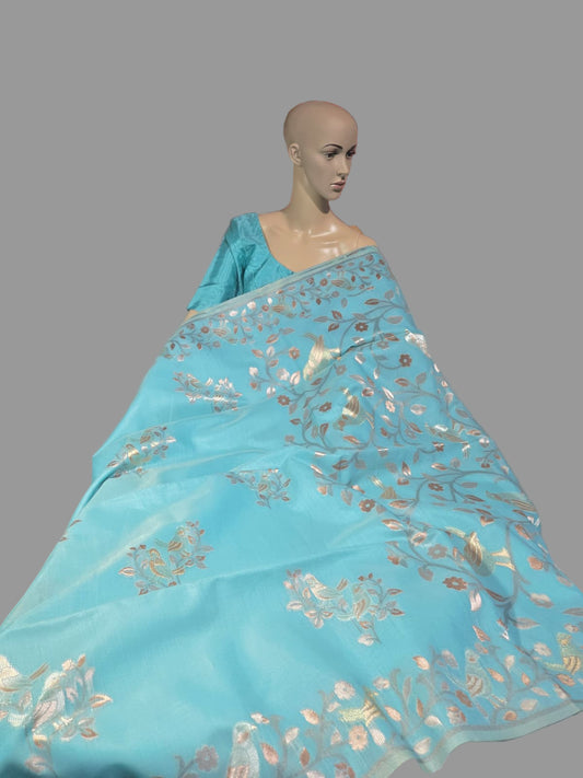 Handloom Khadi Cotton Silk Jamdani Saree – Lightweight & Elegant Traditional Weave Embroidery- Blue