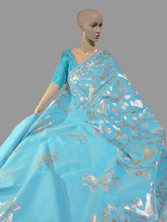 Handloom Khadi Cotton Silk Jamdani Saree – Lightweight & Elegant Traditional Weave Embroidery- Blue