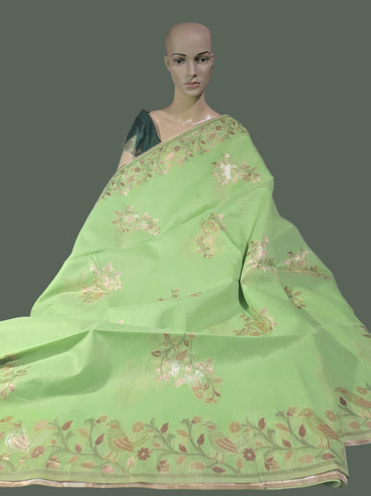 Handloom Khadi Cotton Silk Jamdani Saree – Lightweight & Elegant Traditional Weave Embroidery-Parrot Green