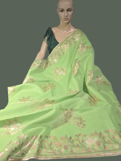 Handloom Khadi Cotton Silk Jamdani Saree – Lightweight & Elegant Traditional Weave Embroidery-Parrot Green