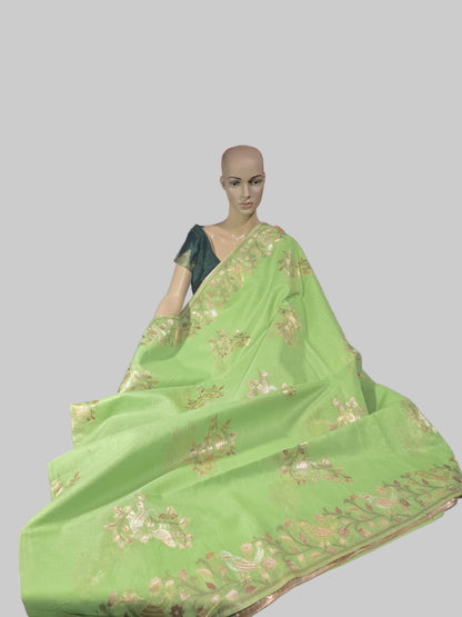Handloom Khadi Cotton Silk Jamdani Saree – Lightweight & Elegant Traditional Weave Embroidery-Parrot Green