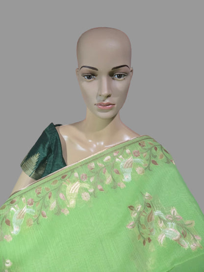 Handloom Khadi Cotton Silk Jamdani Saree – Lightweight & Elegant Traditional Weave Embroidery-Parrot Green