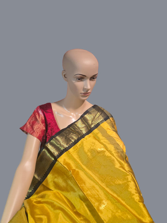 Light Weight  Fabric Silk Saree Yellow Silk Saree with Black Border with Blouse Piece Attached
