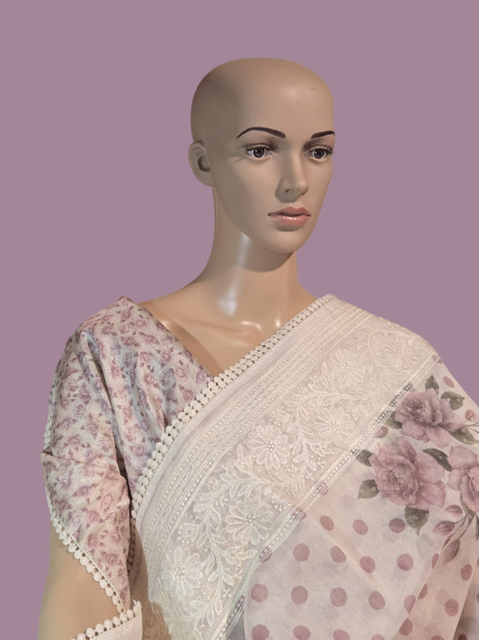 Exclusive Sarees buy from USA Silk Kota Saree with Floral Body & Lucknow Work Border – Summer Exclusive Collection Buy from USA