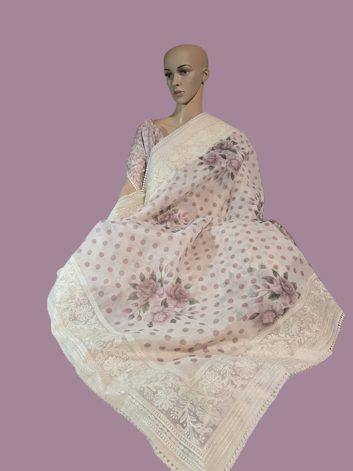 Exclusive Sarees buy from USA Silk Kota Saree with Floral Body & Lucknow Work Border – Summer Exclusive Collection Buy from USA