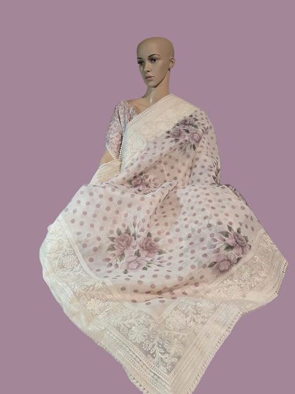 Exclusive Sarees buy from USA Silk Kota Saree with Floral Body & Lucknow Work Border – Summer Exclusive Collection Buy from USA