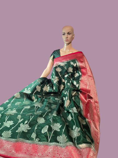 Soft Silk Sarees USA| Elegant Resham Semi Silk Saree with Running Blouse – Lightweight & Graceful Drape Bottle Green