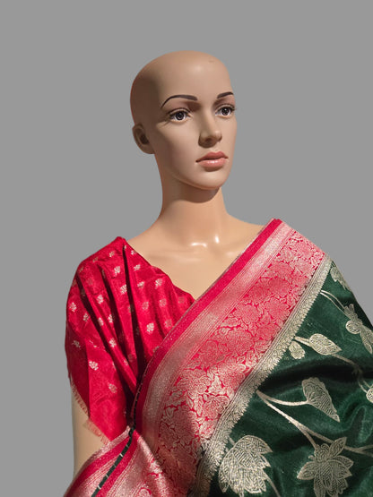 Soft Silk Sarees USA| Elegant Resham Semi Silk Saree with Running Blouse – Lightweight & Graceful Drape Bottle Green