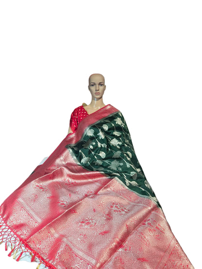 Soft Silk Sarees USA| Elegant Resham Semi Silk Saree with Running Blouse – Lightweight & Graceful Drape Bottle Green