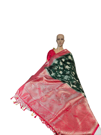 Soft Silk Sarees USA| Elegant Resham Semi Silk Saree with Running Blouse – Lightweight & Graceful Drape Bottle Green