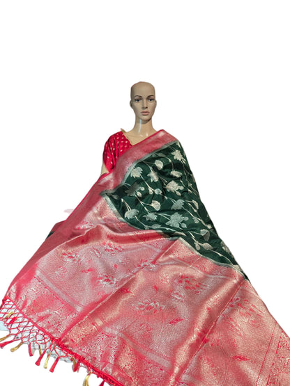 Soft Silk Sarees USA| Elegant Resham Semi Silk Saree with Running Blouse – Lightweight & Graceful Drape Bottle Green