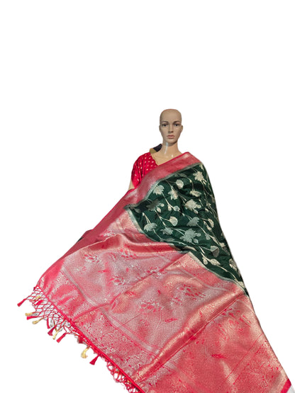 Soft Silk Sarees USA| Elegant Resham Semi Silk Saree with Running Blouse – Lightweight & Graceful Drape Bottle Green