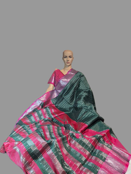 Semi Mangalgiri Silk Check Saree features an elegant allover silver zari checked pattern Bottle Green