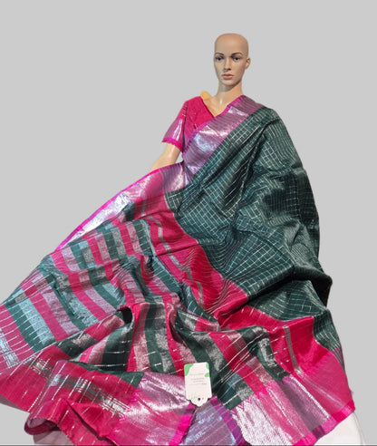 Semi Mangalgiri Silk Check Saree features an elegant allover silver zari checked pattern Bottle Green