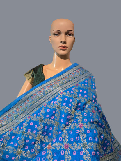 Banarasi Bandhni Pure Soft Dupion Silk Saree | Gharchola Zari Work | Handcrafted Design | Buy Soft Silk Saree from USA