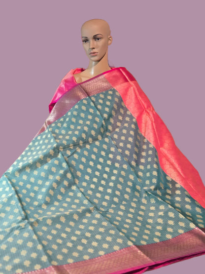 Banaras  Chanderi Kota Very Soft Silk Saree | Allover Zari Buti & Zari Border | Elegant Handwoven Saree Blue