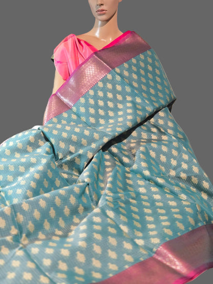 Banaras  Chanderi Kota Very Soft Silk Saree | Allover Zari Buti & Zari Border | Elegant Handwoven Saree Blue