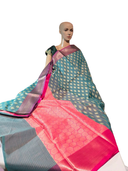 Banaras  Chanderi Kota Very Soft Silk Saree | Allover Zari Buti & Zari Border | Elegant Handwoven Saree Blue