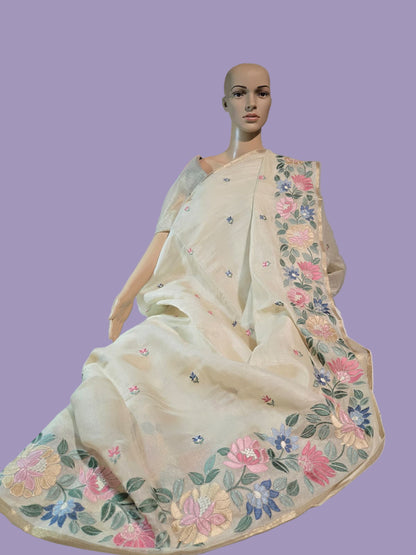 Chanderi Organza blended Silk Saree with Multicolor Floral Embroidery – Lightweight Festive Wear| Onam Saree USA