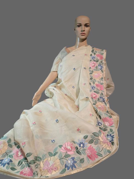 Chanderi Organza blended Silk Saree with Multicolor Floral Embroidery – Lightweight Festive Wear| Onam Saree USA