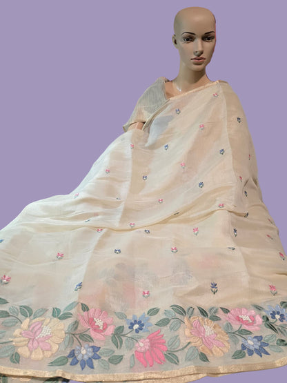 Chanderi Organza blended Silk Saree with Multicolor Floral Embroidery – Lightweight Festive Wear| Onam Saree USA