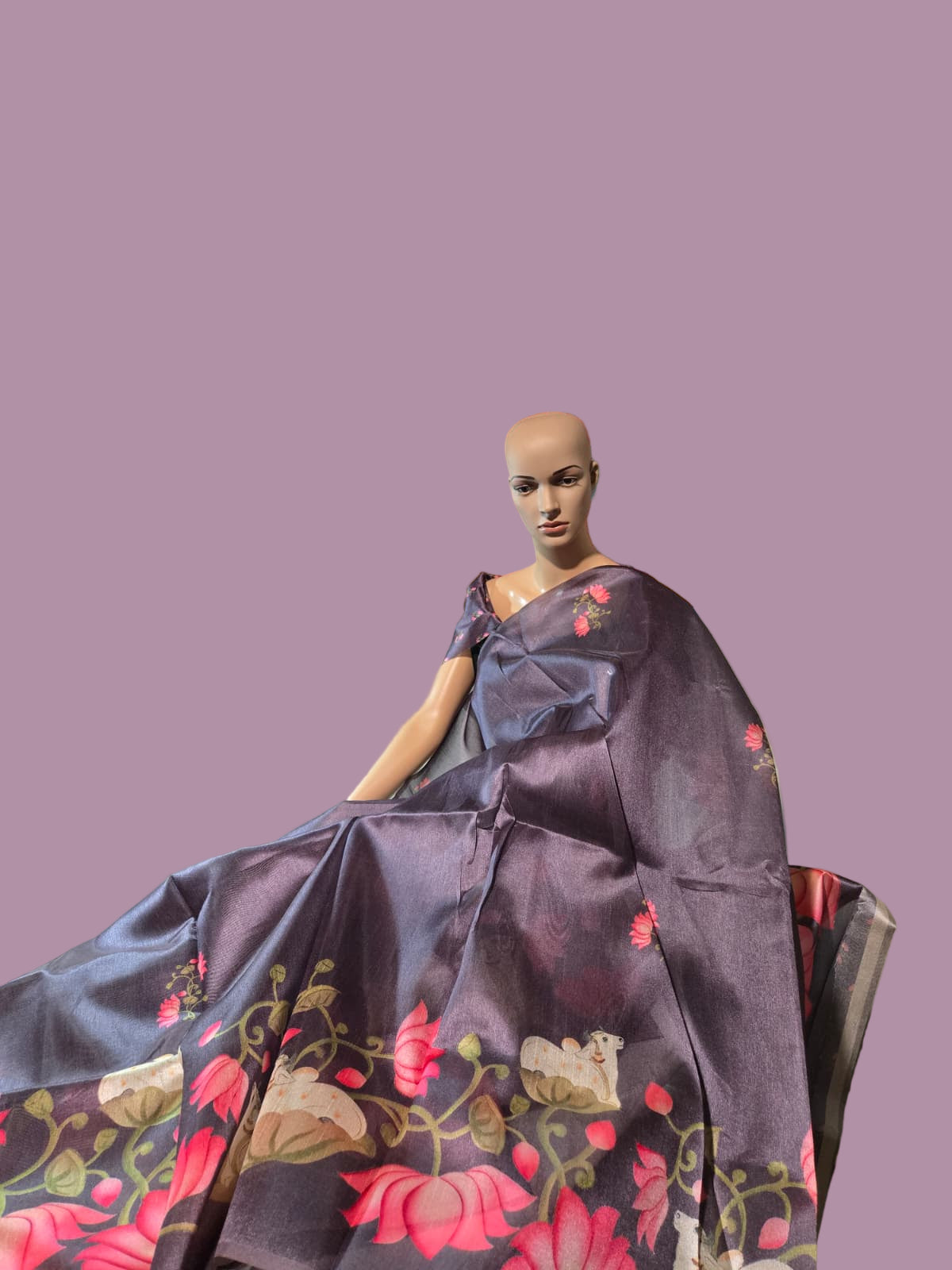Tussar Silk Saree with Lotus Print & Matching Blouse Piece – USA Shipping Cream Color Grey