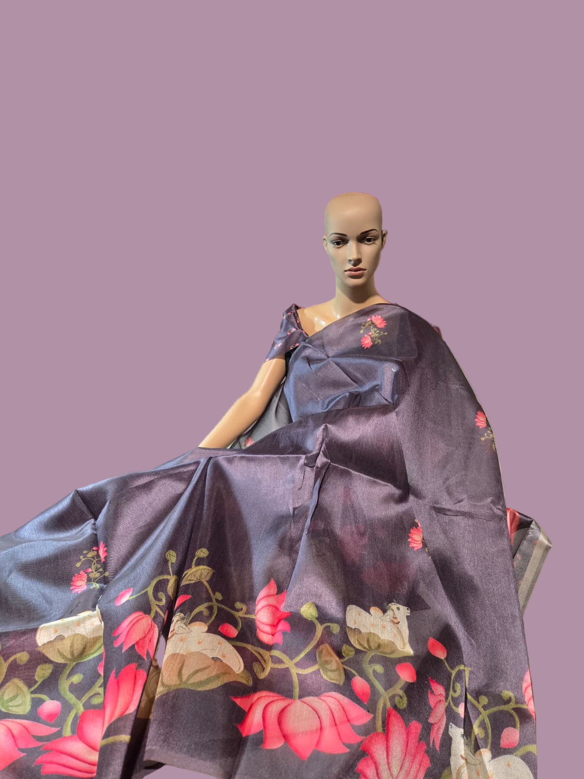Tussar Silk Saree with Lotus Print & Matching Blouse Piece – USA Shipping Cream Color Grey