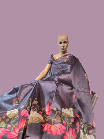 Tussar Silk Saree with Lotus Print & Matching Blouse Piece – USA Shipping Cream Color Grey