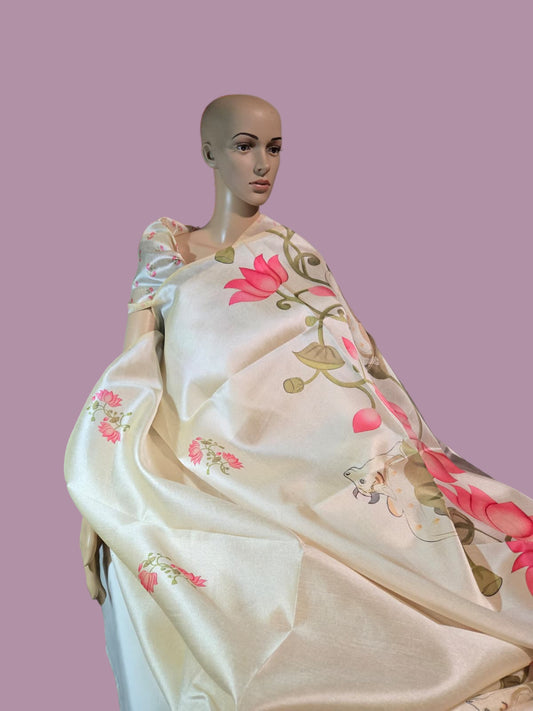 Tussar Silk Saree with Lotus Print & Matching Blouse Piece – USA Shipping Cream Color