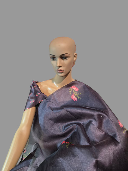 Tussar Silk Saree with Lotus Print & Matching Blouse Piece – USA Shipping Cream Color Grey