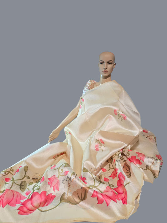 Tussar Silk Saree with Lotus Print & Matching Blouse Piece – USA Shipping Cream Color