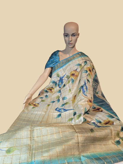 Pure Gachi Tussar Handloom Silk Saree Shipping from USA Blue with Silk Mark