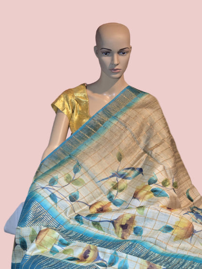 Pure Gachi Tussar Handloom Silk Saree Shipping from USA Blue with Silk Mark
