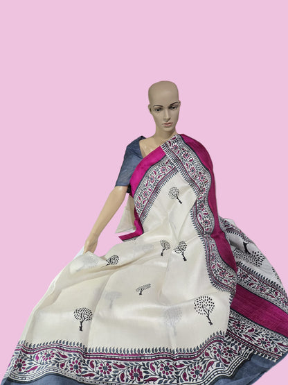 Pure  Jari Tussar Silk Saree with blouse piece and double shade border with Silk Mark