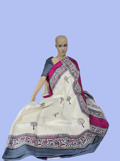 Pure  Jari Tussar Silk Saree with blouse piece and double shade border with Silk Mark