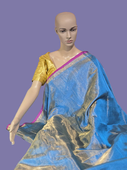 Pure Silk Tissue Saree with Pallu Design Blue and Majenta