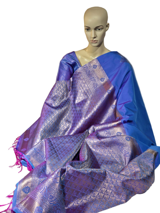 Semi Kanjeevaram Soft Silk Saree with Stitched Brocade Blouse – Elegant Traditional Wear Shipping from USA