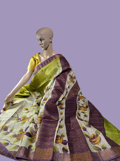 Buy Pure Tussar Gacchi Handloom Silk Saree Buy Saree from USA Green with Silk Mark