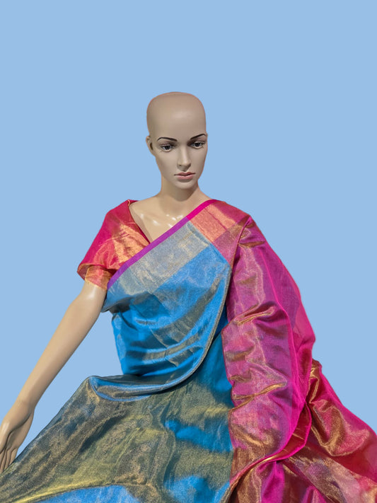 Pure Silk Tissue Saree with Pallu Design Blue and Majenta