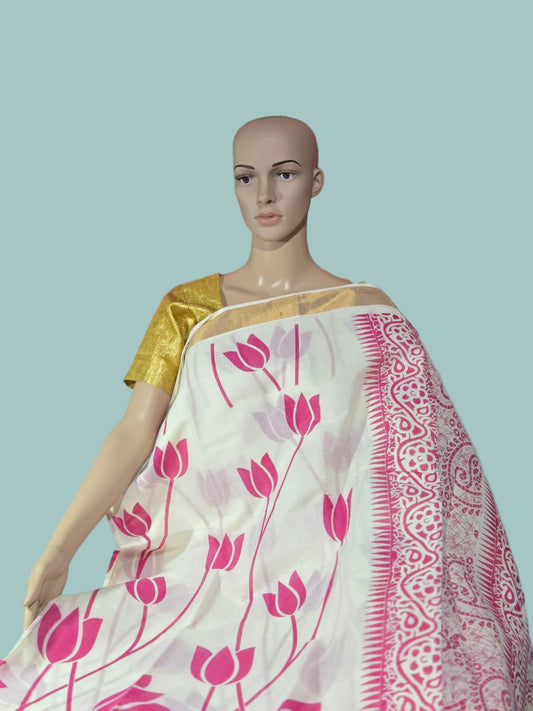 Traditional Indian Saree USA | Pure Cotton Sarees Buy from USA  – Pure cotton saree with blouse | Lotus Print Saree