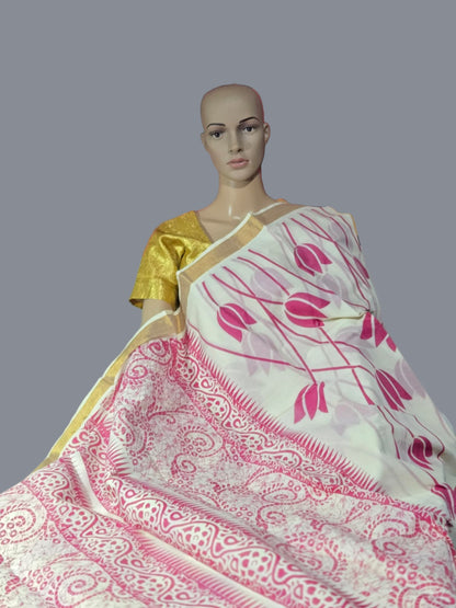Traditional Indian Saree USA | Pure Cotton Sarees Buy from USA  – Pure cotton saree with blouse | Lotus Print Saree