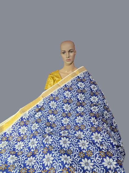 Blue Floral Printed Cotton Saree USA| Pure Cotton Sarees Buy from USA  –  Buy Onam Saree Online | Blue Floral Print Saree
