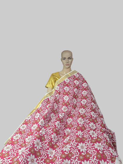 Printed Cotton Saree 100% Pure Cotton Saree Buy from USA  –  Buy Onam Saree online- Red Floral Print Cotton Saree