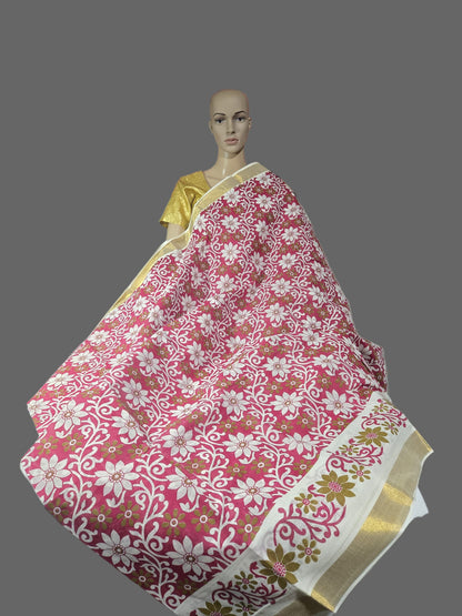 Printed Cotton Saree 100% Pure Cotton Saree Buy from USA  –  Buy Onam Saree online- Red Floral Print Cotton Saree
