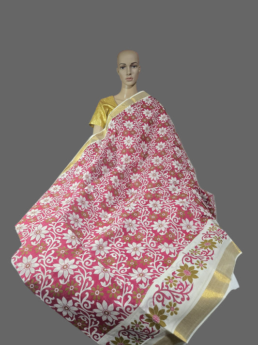Printed Cotton Saree 100% Pure Cotton Saree Buy from USA  –  Buy Onam Saree online- Red Floral Print Cotton Saree