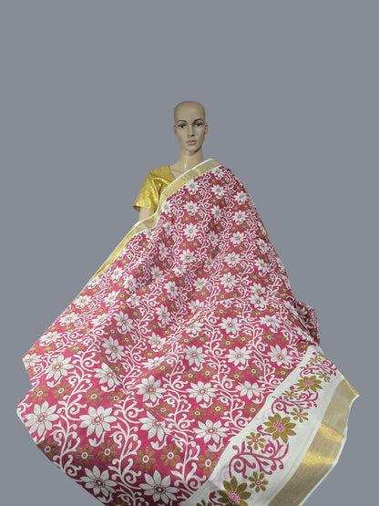 Printed Cotton Saree 100% Pure Cotton Saree Buy from USA  –  Buy Onam Saree online- Red Floral Print Cotton Saree